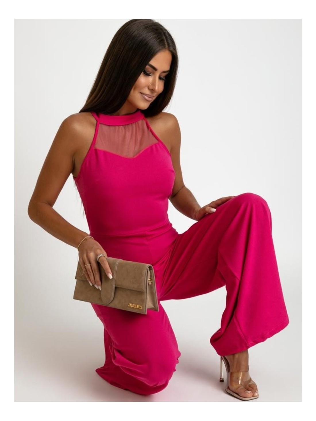 Jumpsuit with wide legs and a stand-up collar, dark pink AZR1582